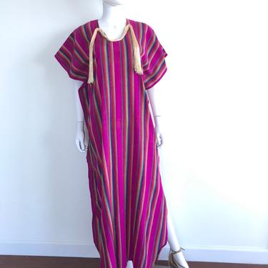 Vtg 70s woven rainbow fringe caftan dress Ethnic M 
