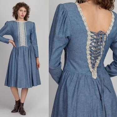 70s Gunne Sax Chambray & Lace Midi Dress - Small | Vintage Puff Sleeve Low Corset Back Prairie Dress 
