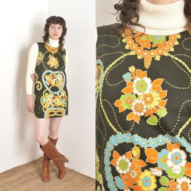 Vintage 1960s Dress / 60s Dark Hawaiian Floral Print Cotton Shift Dress / Forest Green ( S M ) 
