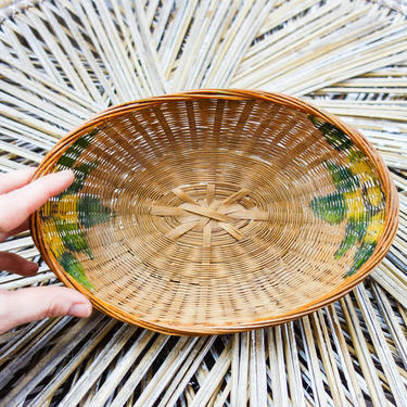 Vintage low wide basket with floral painted accent 9&amp;quot; x 6 1/2&amp;quot; decorative rattan catchall bowl for rustic cottagecore home decor wicker dish 