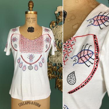 1970s t shirt, novelty print, vintage 70s shirt, bug print, beaded top, embroidered shirt, small medium, beetle, white cotton blend, v neck 