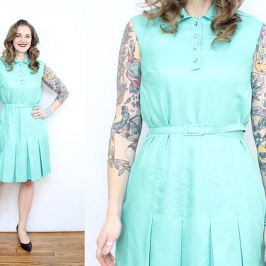 Vintage 60's 70's Teal Blue Scooter Dress / 1970's Silk Dress / Sleeveless Party Dress / Women's Size Small by Ru