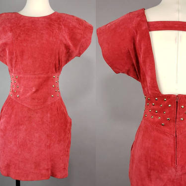 90s Red Leather Open Back Mini Dress, Vintage Pigskin Suede Party Dress Size 6, Backless Red Cocktail Dress with Pockets 