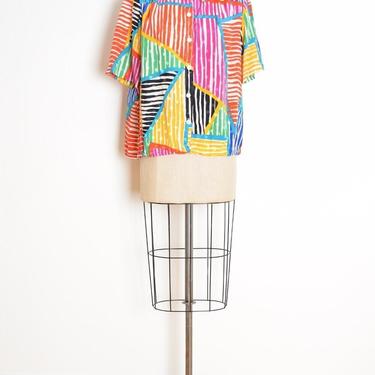 vintage 80s top colorful geometric print satin blouse shirt button up XL clothing 