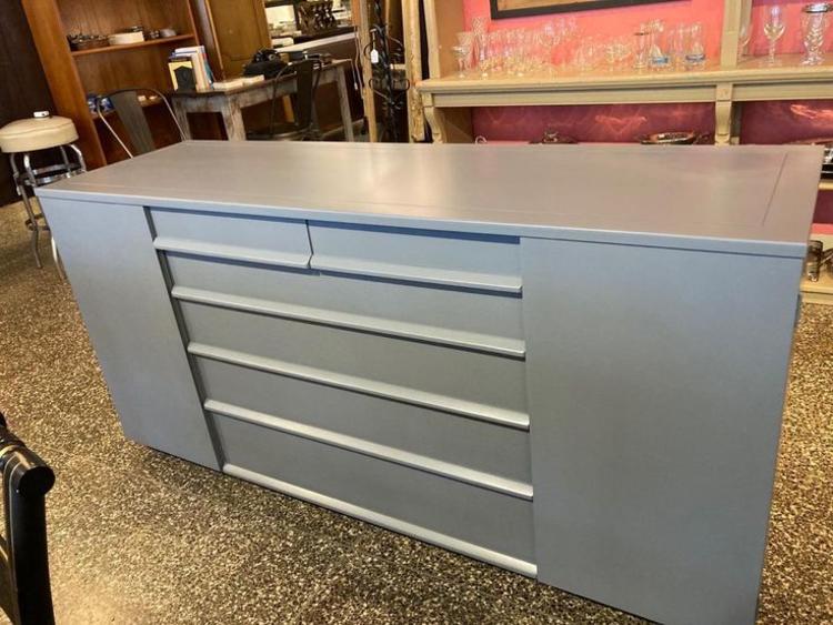 Grey painted credenza 20” deep 66.5” wide 33” high 