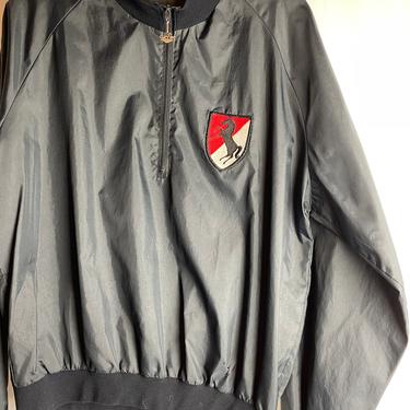 Vintage Ferrari logo race jacket~ sporty wind breaker~ black pull over warmup style coat~ thin~ half zip~ size medium 