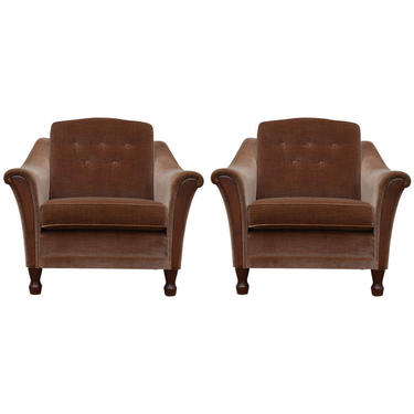 Tailored Mohair Velvet Chairs with Flared Arms and Button Tufting