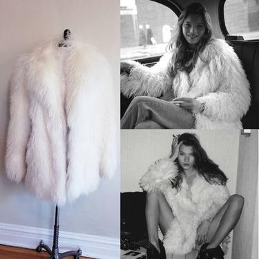 80s White Mongolian Fur Jacket / 80s Shaggy Fuzzy Furry Long Boho Jacket / M / Cheyne 