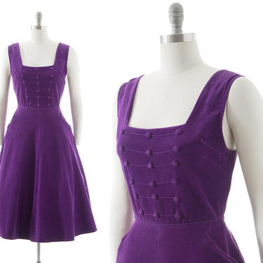 Vintage 1950s Dress | 50s Royal Purple Cotton Corduroy Button Back Fit &amp; Flare Button Back Day Dress with Pockets (small/medium) 