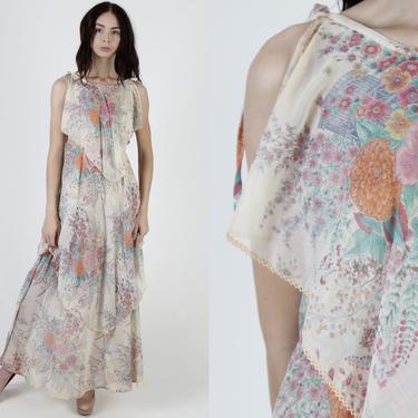 Vintage 70s Wildflower Print Dress / Asymmetrical Tiered Scarf Layers / Bouquet Floral Prairie Hanky Hem / Flowy Summer Sun Maxi Dress 