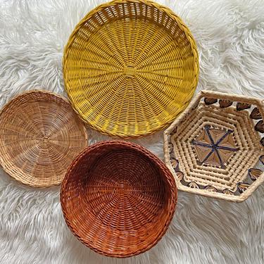 Vintage Set of 4 Wall Basket Medium - Large Wall Coverings // Boho, Shabby Chic, Rustic Basket, Collage, Rattan Wall Baskets 