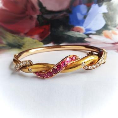 Antique Ruby Diamond Bangle Victorian 1860's 3.82ct t.w. Vintage Old Mine Cut Hinged Bracelet Stacking Cuff 18k 7' Inch Wrist 