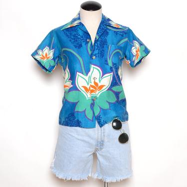 Vintage 70's Hawaiian Tropical Print Barkcloth Shirt Sz XS 