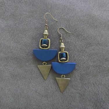 Blue earrings, wood and bronze dangle earrings, Afrocentric jewelry, African earrings, mid century modern earrings, unique geometric 4 