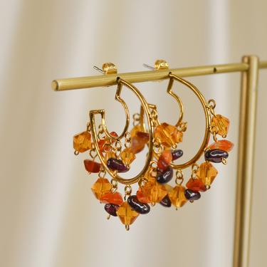 SAMPLE SALE: beads open hoop earring, orange beads hoop earring, gold hoop earring, amber beads gold earring, beaded gold hoop earring 