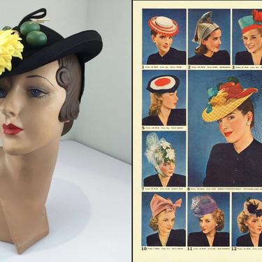 Summers in Lake Como  - Vintage 1930s Outrageous Black Felt Peaked Tyrol Hat w/Tuscan Floral Olives 