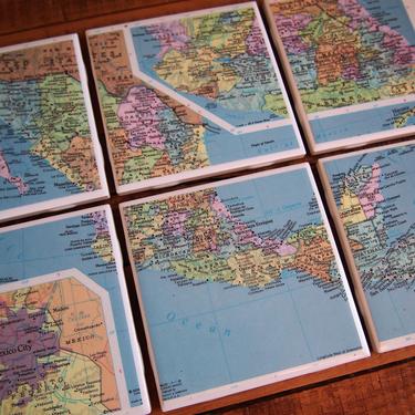 1968 Mexico Vintage Map Coasters - Ceramic Tile Set of 6 - Repurposed 1960s Rand McNally Atlas - Handmade - Mexico City - Mexican Decor 
