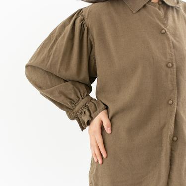 Vintage Olive Green Brown Raw Silk Ruffle Puff Sleeve Button Up Shirt | Simple Blouse Tunic | M | 