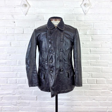 Size S - M Vintage 1930s 1940s Wool Blanket Lined Double Breasted Belted Back Black Leather Mackinaw Motorcycle Jacket 