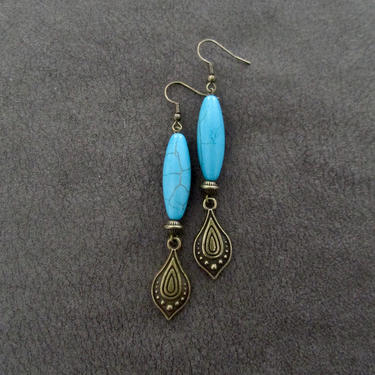Bronze and turquoise earrings, blue howlite tribal earrings, boho chic earrings, bohemian earrings, ethnic earrings, rustic artisan 