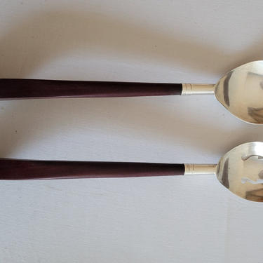 1960's Vintage Mahogany and Sterling Silver Serving Fork and Spoon 
