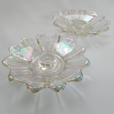 1950s 60s Carnival Glass Candlestick Holders ~ Round Pinwheel Iridescent Glass Candle Holder Set Pair ~ Mid Century Clear Rainbow Glass 