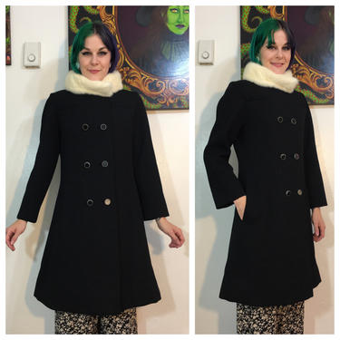 Vintage 1960’s Black Wool Coat with White Fur Collar 
