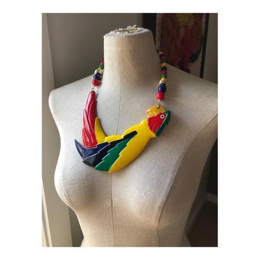 1980s Tropical Bird Beaded Statement Necklace 