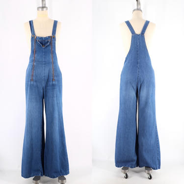 70s denim zipper bell bottom jumpsuit sz L / vintage 1970s zip down front overalls bell bottoms 10-12 