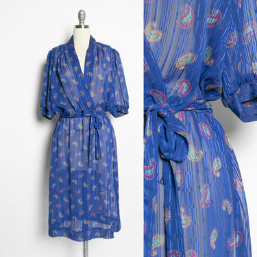 1980s Dress Sheer Paisley Blue M 