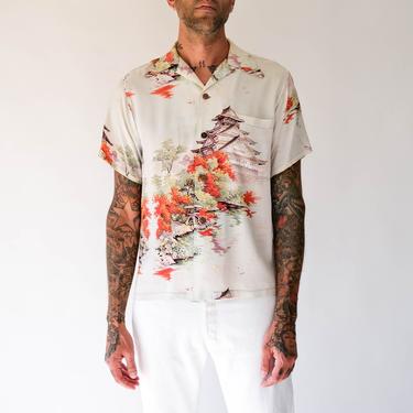 RARE Vintage 40s Palm Breeze Togs Hawaii Distressed Japanese Garden Aloha Shirt | Silk/Rayon | 1940s Collectible Loop Collar Hawaiian 