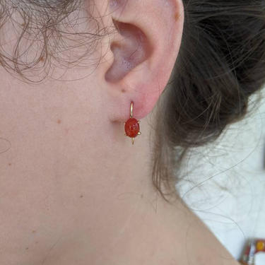 Carnelian Scarab Gold Drop Earrings READY TO SHIP delicate solid holiday bridal gift for her shiny gold prong 