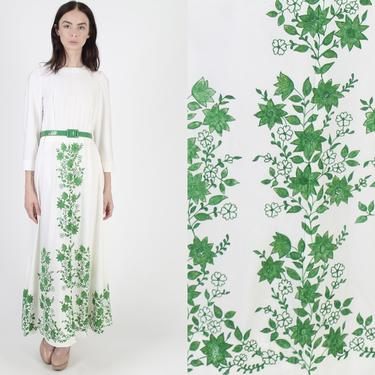 Vintage 70s Green Floral Print Dress Cocktail Lounge Party Bell Sleeve White Maxi Dress 