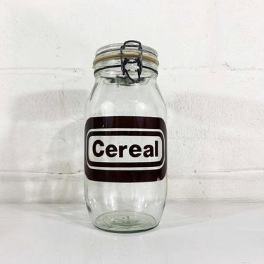 Vintage Glass Kitchen Canister MCM Typography Cereal Storage 2 Liter Triomphe France Hermetic Seal Top Metal Wire Bale Brown 