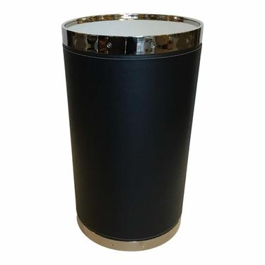 Modern Black Leather and Nickel Barrel Side Table