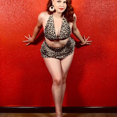 1950s 60s Leopard Print Bikini Costume Faux Fur Playsuit 