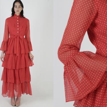 70s White Swiss Dot Saloon Dress / 1970s Red Tiered Country Dress / Wide Trumpet Bell Sleeves /  Matching Waist Tie Sash Maxi Dress 
