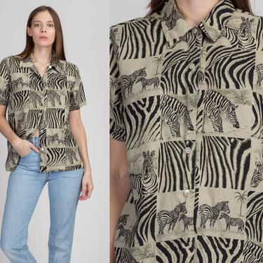 90s Linen Zebra Shirt - Small | Vintage All-Over Safari Print Short Sleeve Button Up Top 