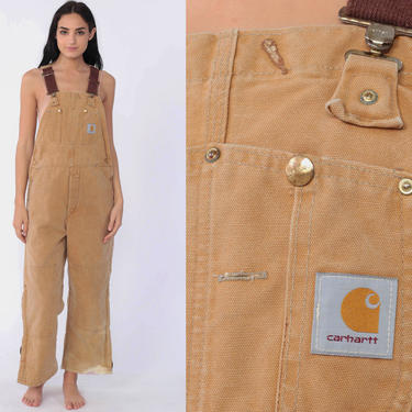 Insulated Carhartt Overalls Workwear Coveralls Pants QUILTED Cargo Dungarees Light Brown Suspender Pants Long Work Wear Bib Vintage Medium 