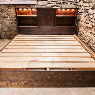 Rustic Reclaimed Platform Bed with Drawers and Lighting 