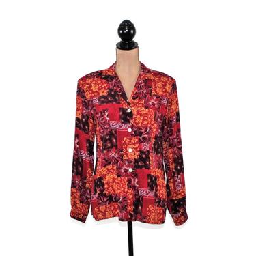 Long Sleeve Floral Button Up Shirt, Rayon Patchwork Print Blouse, Collared Tunic Top Women Small Medium, 90s Vintage Clothing Worthington 