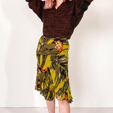 Y2k Dana Buchman Chartreuse and Orange Silk Ruffle Skirt, sz. S