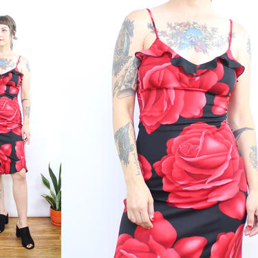 Vintage 90's Stretchy Rose Bodycon Midi Dress / 1990's Roses Summer Dress / Women's Size XS - Small by Ru