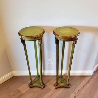 Italian Directoire Carved & Painted Green Parcel Gilt Pedestal Pair 