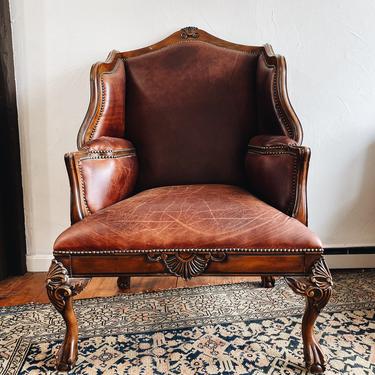Vintage Leather and Carved Wood Throne Arm Chair 