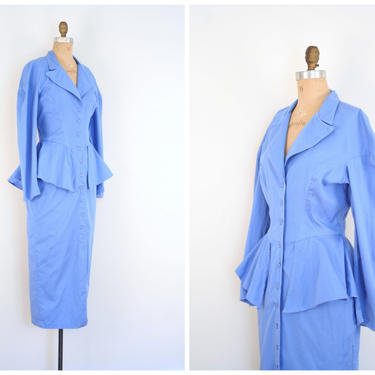 vintage '80s peplum dress - 80s pencil skirt dress / Foxy Lady dress - New Wave dress / cornflower blue 80s dress- 1980s cotton dress 