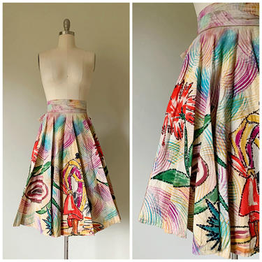 Vintage 50s Skirt • Flora • Hand Painted Mexican Tourist 50s Circle Skirt with Sequins Size Small 