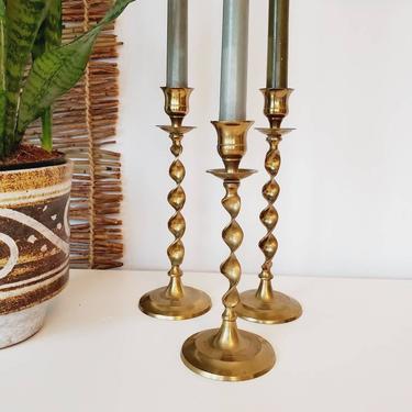 Vintage Brass Ribbon Twist Candlestick Holder Set 