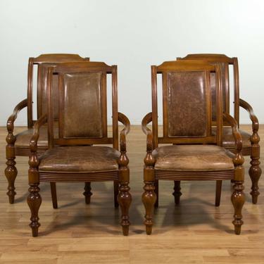 Set Of 4 Weathered Leather Dining Chairs W/ Arms