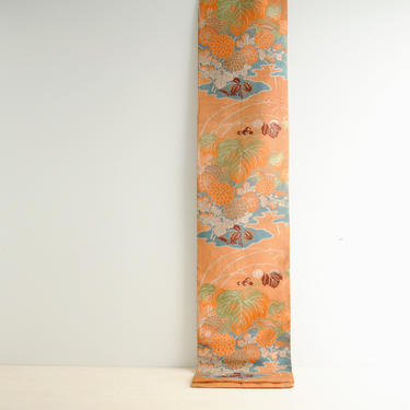 Vintage Japanese Brocade Silk Obe Belt in Orange with a Floral Design, Kimono Belt, Japanese Silk Fabric Runner, Kimono Fabric, 12' Obe Belt 